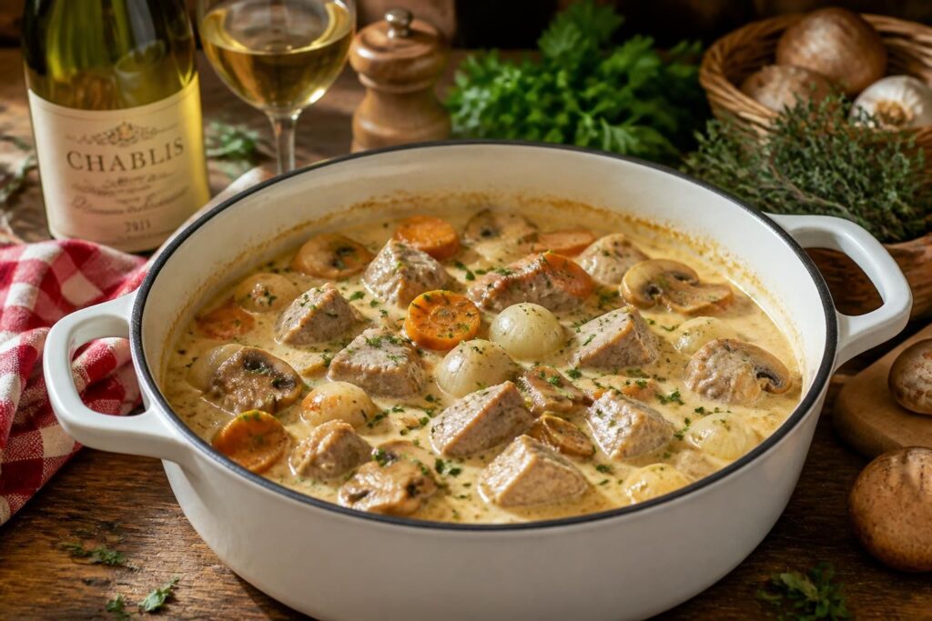 découvrez la recette traditionnelle de la blanquette de veau crémeuse, cuite lentement en cocotte pour un plat savoureux et réconfortant.