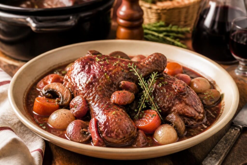 découvrez la recette traditionnelle du coq au vin, un grand classique français mijoté lentement pour révéler toutes ses saveurs riches et authentiques.