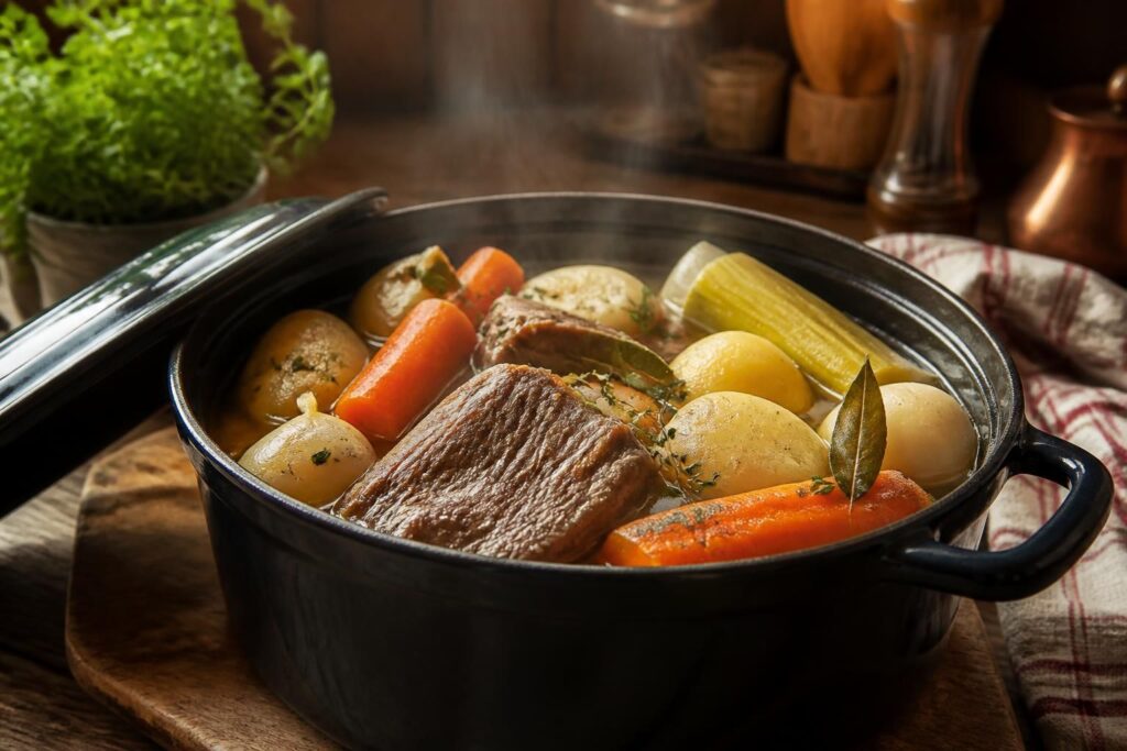 découvrez le pot-au-feu, un plat familial traditionnel et réconfortant cuisiné en cocotte, idéal pour partager un moment chaleureux autour de la table.