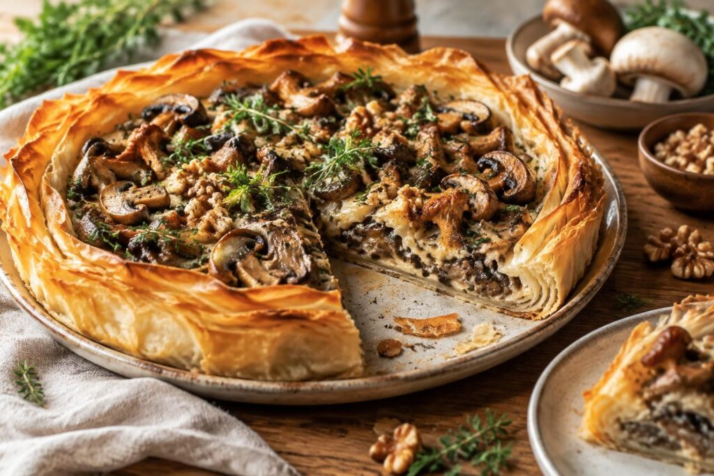 découvrez la tarte aux champignons de cyril lignac : une recette savoureuse et croustillante à la pâte filo, facile à préparer pour un repas gourmand.