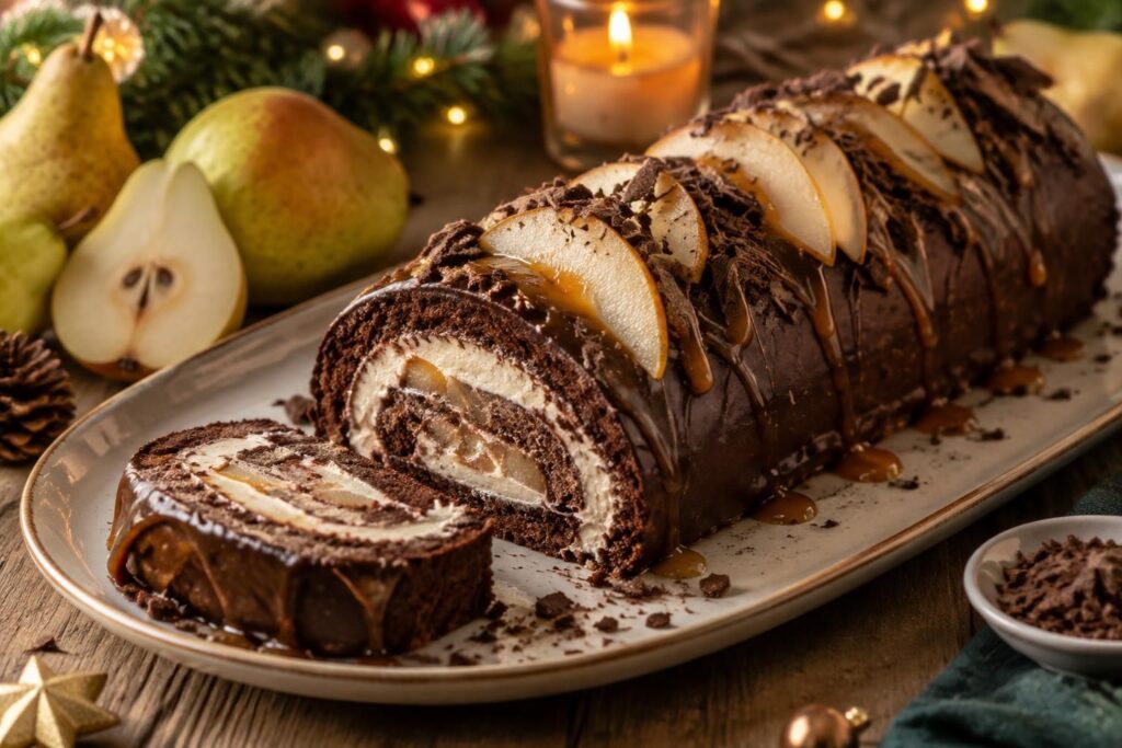 réalisez une bûche chocolat-poire facile et gourmande, sublimée par une crème au mascarpone ou une touche de caramel. idéale pour les fêtes !