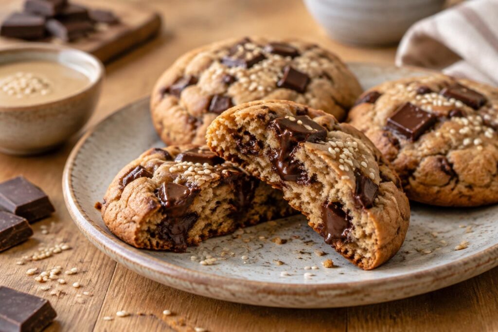 découvrez une recette de cookies vegan au tahini et au chocolat, gourmands, fondants et faciles à préparer, sans beurre.