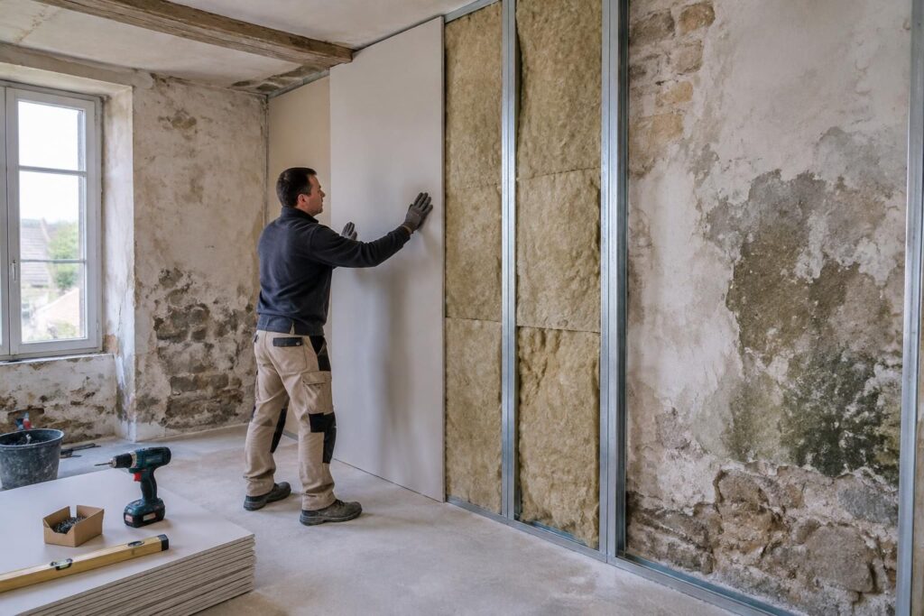 Doubler un mur humide en isolant par l’intérieur avec placo sur rail