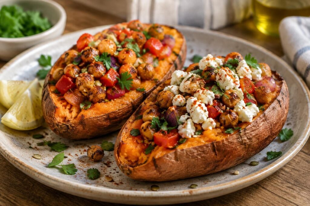 découvrez une recette rapide de patate douce farcie au four, à personnaliser en version vegan ou avec de la feta. savoureuse et facile à préparer !