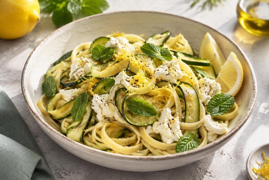 savourez des pâtes fraîches et légères aux courgettes, ricotta, citron et menthe : une recette parfumée, simple et idéale pour les beaux jours.